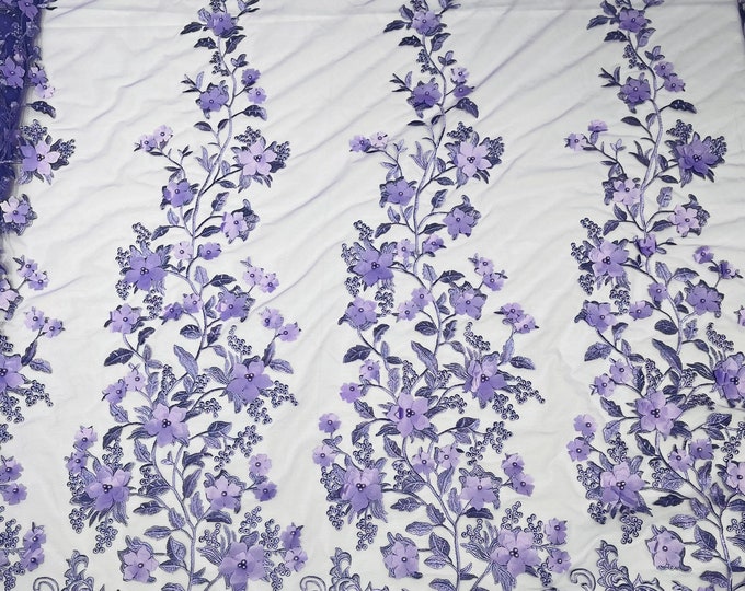 Bright Lavender Emily 3d floral design embroider with pearls in a mesh lace-sold by the yard.