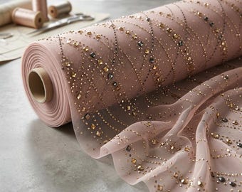 Champagne Glitter Mesh Fabric Nude Tulle Fabric Gold Sparkle Mesh Bridal Fabric Sheer Embroidered Mesh 60 Inch Wide Evening Dress Fabric