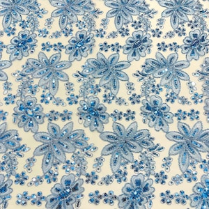 Light Blue metallic corded embroidery star flowers with sequins on mesh lace fabric for dresses, prom, wedding gowns, evening wear.