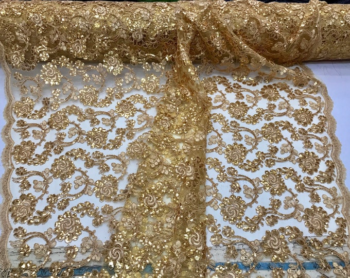 Gold flowers embroider with sequins and corded on a mesh lace-wedding-bridal-prom-nightgown-decorations-sold by the yard.