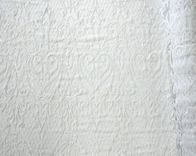 White shiny Heart Damask sequin design on a 4 way stretch mesh fabric-prom-sold by the yard.