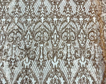Champagne shiny Heart Damask sequin design on a 4 way stretch mesh fabric-prom-sold by the yard.