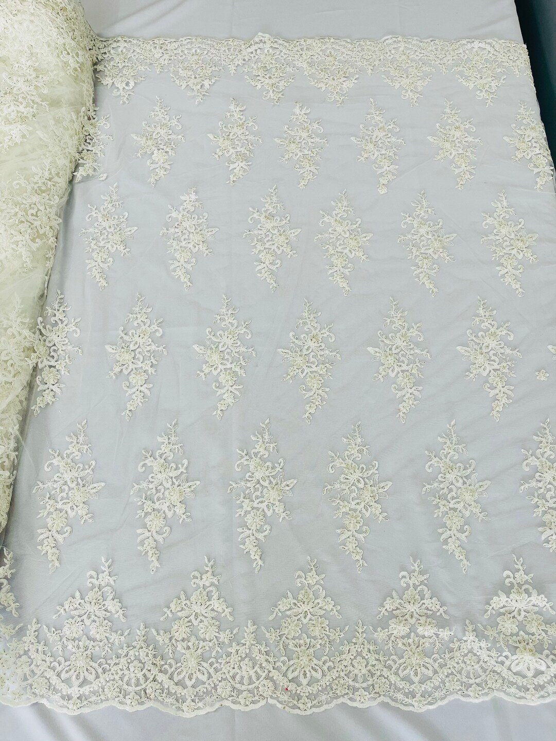 Ivory Floral Damask Embroider and Heavy Beaded on a Mesh Lace Fabric-Sold by the Yard- main image 1