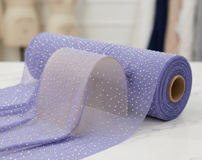 Lavender Rhinestone Mesh Fabric by the Yard Sheer Stretch Crystal Glitter Fabric for Dress Wedding Costume DIY