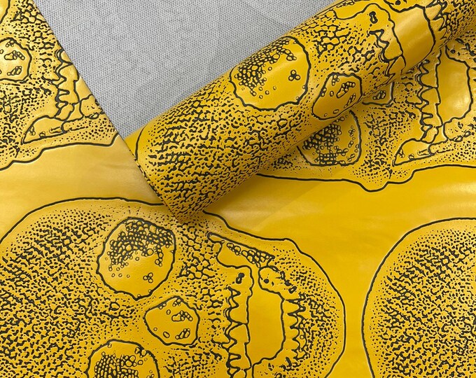 Yellow 53/54" Wide Skull Fake Leather Upholstery, 3D Faux Leather PVC Vinyl Fabric Sold By The Yard.