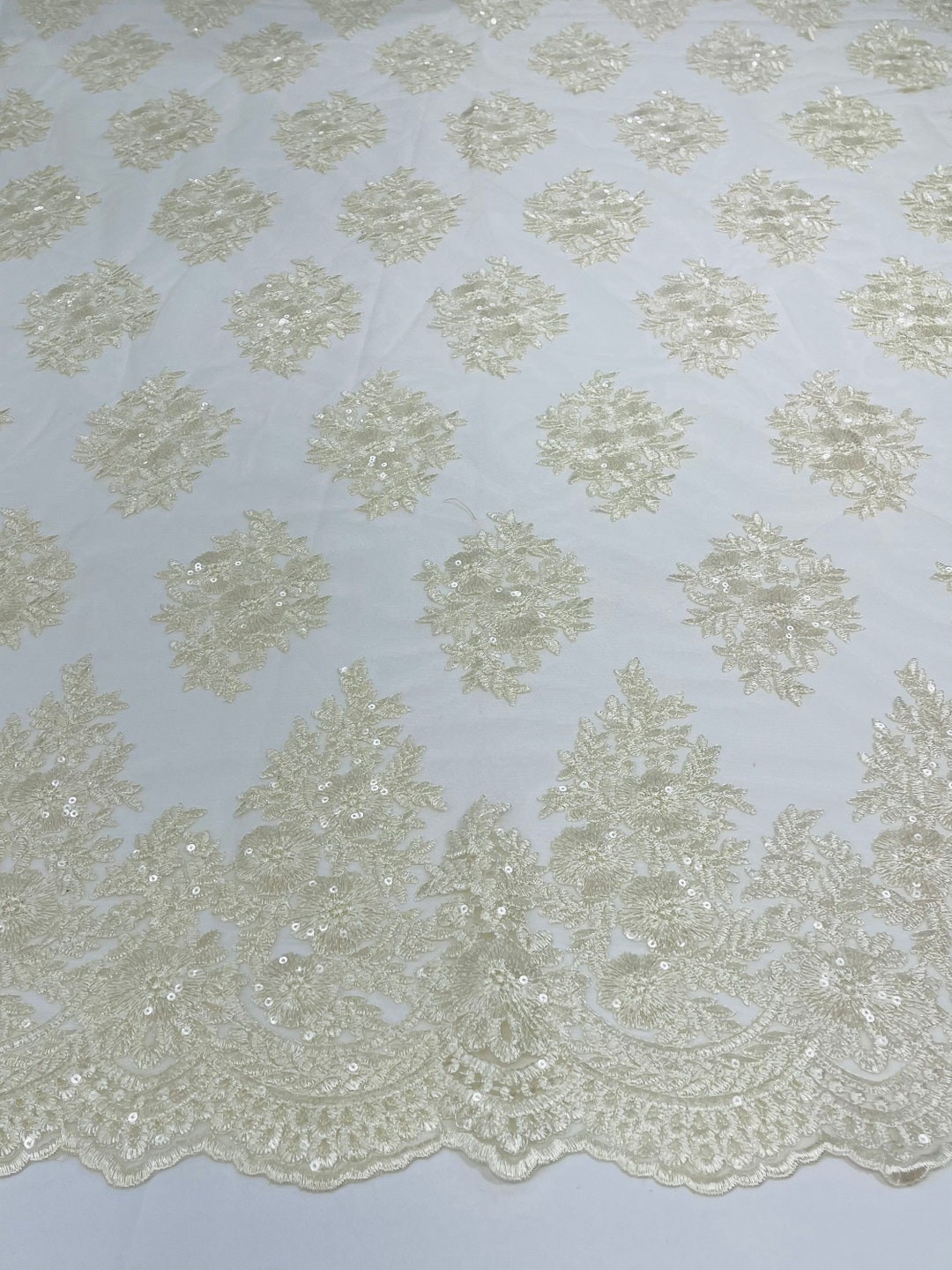 Cream Floral Corded Embroider With Sequins on a Mesh Lace Fabric-sold ...