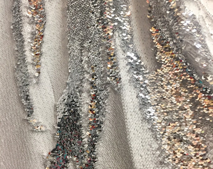 Matte white/ silver mermaid fish scale 2way stretch flip flop fabric-dresess-prom-nightgown-decorations-sold by the yard.