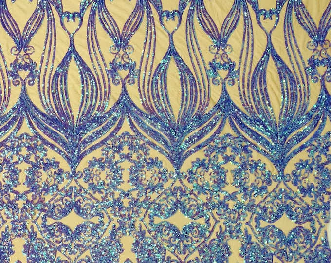 Lavender iridescent sequin damask design on a Nude 4 way stretch mesh-sold by the yard.