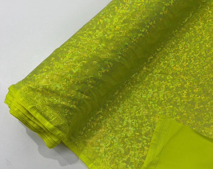Neon yellow  Shattered Glass Foil Hologram/58” Wide/4 Way Stretch Spandex Nylon Tricot by the yard.