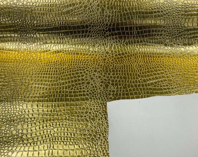 Gold Metallic Crocodile Vinyl Embossed 3D Scales-Faux Leather-Sold By Yard