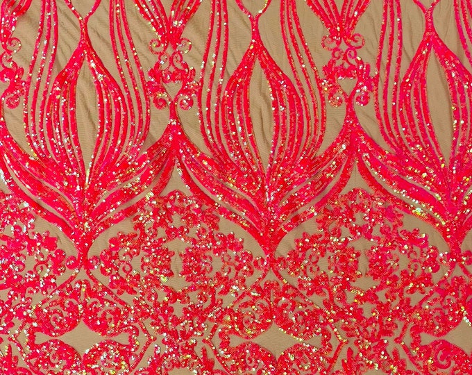 Hot Pink iridescent sequin damask design on a Nude 4 way stretch mesh-sold by the yard.