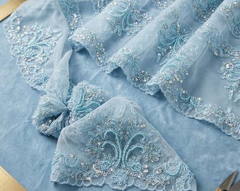 Tela de encaje azul claro con cuentas, cortada a medida, encaje de malla bordado con lentejuelas para vestidos de novia y de fiesta.