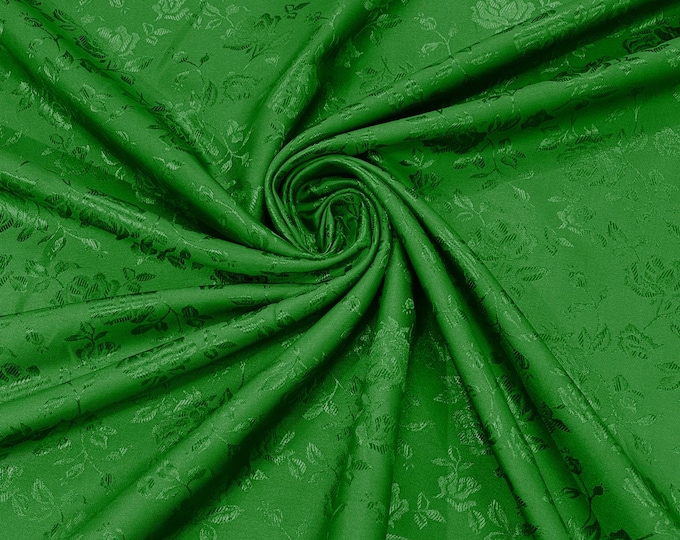 Kelly Green 58" Wide Polyester Flower Brocade Jacquard Satin Fabric, Wedding, Dressmaking
