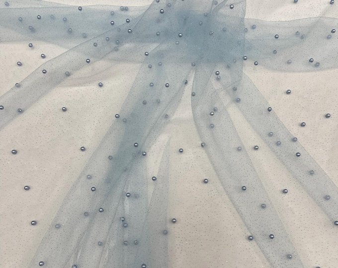 Light Blue Pearl Glitter Studded Mesh, 2-Way Stretch Shimmer Mesh Fabric, Sold by the yard.