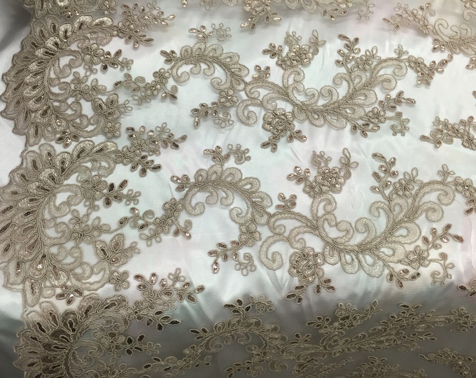 Taupe corded french design-embroider with sequins on a mesh lace fabric-sold by the yard-