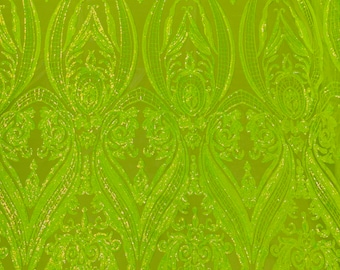 Neon green iridescent empire damask design with sequins embroider on a 4 way stretch mesh fabric-sold by the yard.