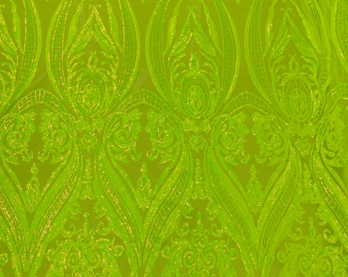 Neon green iridescent empire damask design with sequins embroider on a 4 way stretch mesh fabric-sold by the yard.