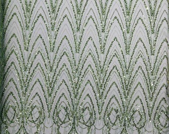 Sage Green - Luxury Chain Geometric Beaded Lace, By The Yard.