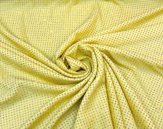 Yellow AB-Iridescent Rhinestones On Soft Stretch Nylon Power Mesh Fabric 54” Wide -sold by The Yard.