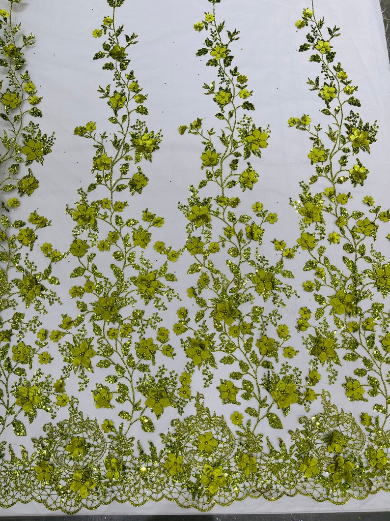 Olive Green 3D Princess Satin Flower Glitter Sequin Lace Fabric 54 ...