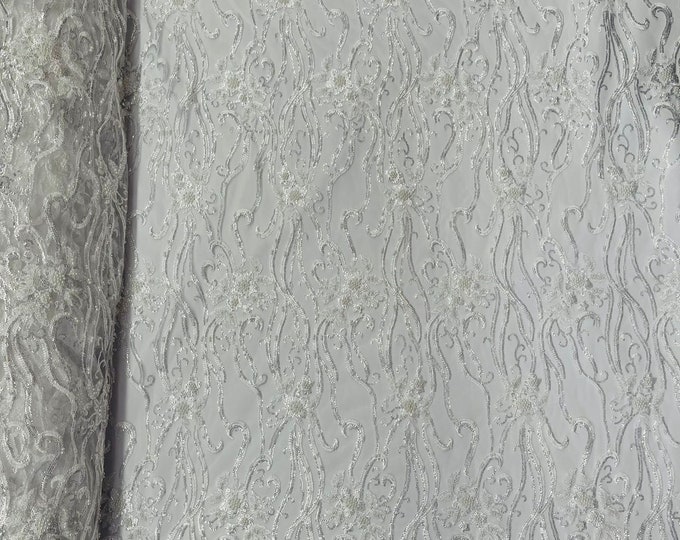 White, Vine Floral Beaded Lace/Sequin Embroider Lace Fabric - Sold By the Yard.