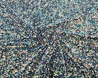 Clear Iridescent All-Over 5mm Shiny Sequins Black Stretch Velvet 54" Wide.