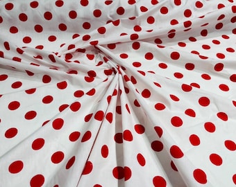 Red dot On White 58" Wide Premium 1 inch Polka Dot Poly Cotton Fabric Sold By The Yard.