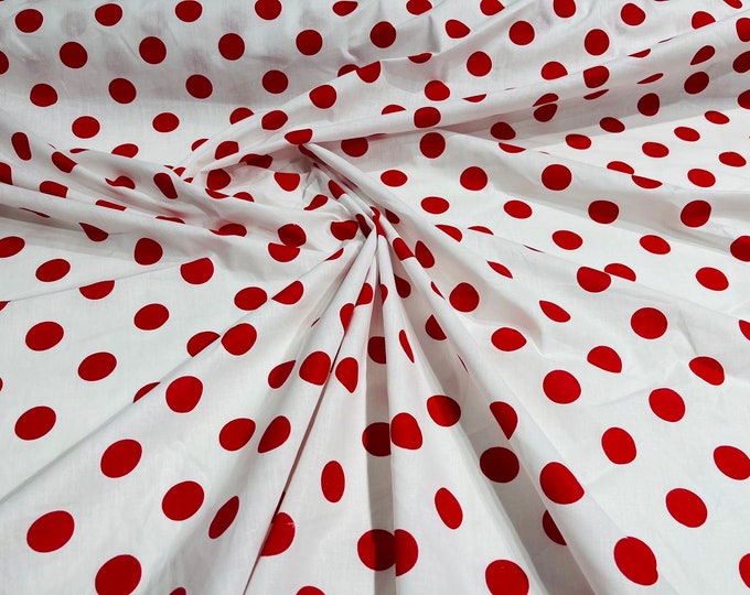 Red dot On White 58" Wide Premium 1 inch Polka Dot Poly Cotton Fabric Sold By The Yard.