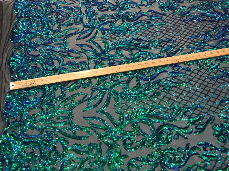 IRIDESCENT GREEN SEQUINDAMASK DESIGN EMBROIDERY ON A 4 WAY STRETCH MESH-BY YARD main image 1