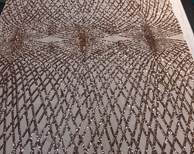 Rose Gold Sequins diamond design embroidery on a 4 way stretch power mesh-dresses-apparel-fashion-prom-nightgown-Sold by the yard.