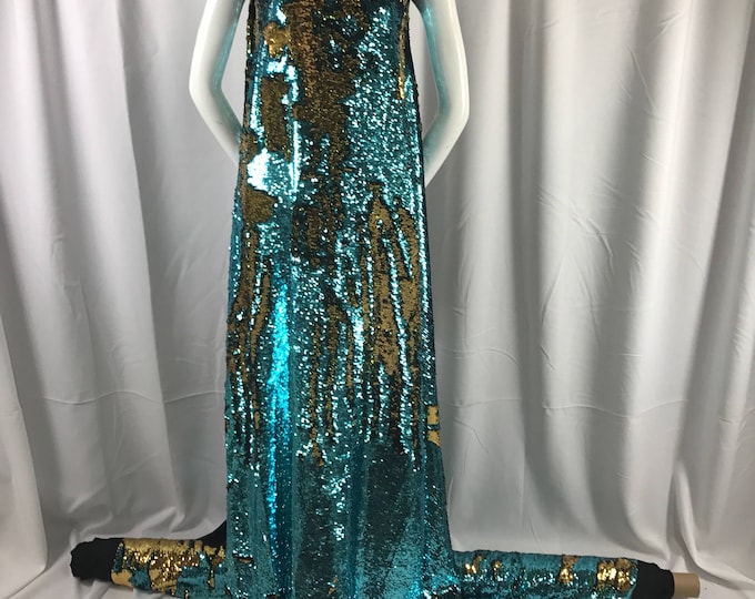 Turquoise-gold mermaid fish scales 2 way stretch lycra 2 tone flip flop shiny sequins-prom-nightgown-decorations-deesses-sold by yard