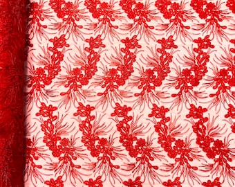 Red feather design lace with metallic cord and embroider with sequins on a mesh-Sold by the yard.