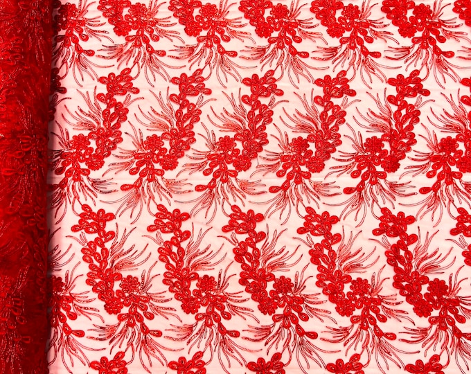 Red feather design lace with metallic cord and embroider with sequins on a mesh-Sold by the yard.