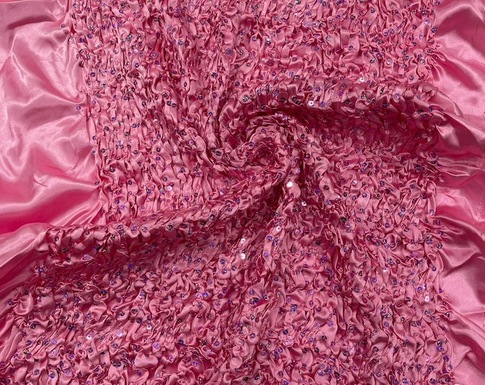 Pink Pleated Stretch Satin Ruffle lace Trim With Hologram Sequin/24" Wide/Sold By The Yard.
