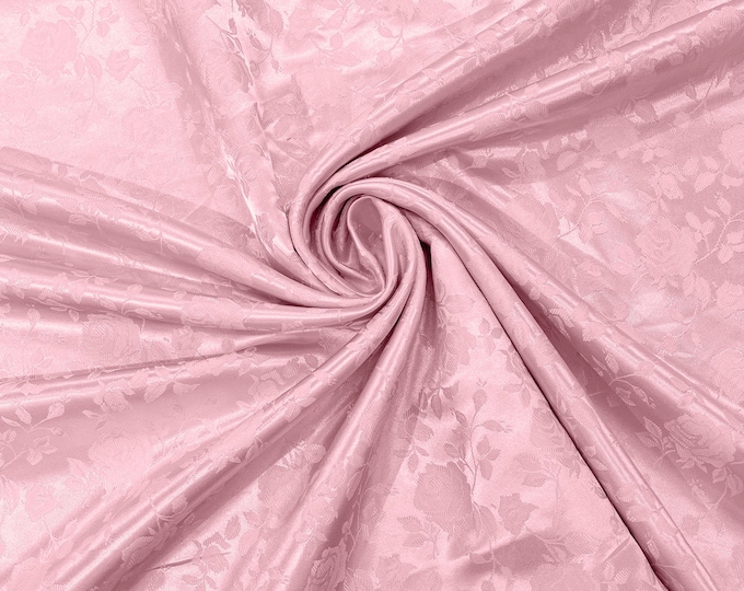 Pink 60" Wide Polyester Roses/Flowers Brocade Jacquard Satin Fabric/Cosplay Costumes, Skirts, Table Linen/Sold By The Yard.