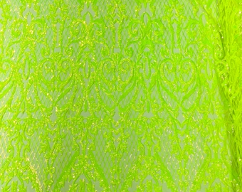 Neon Green holographic Heart Damask sequin design on a 4 way stretch mesh fabric-prom-sold by the yard.
