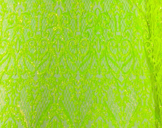 Neon Green holographic Heart Damask sequin design on a 4 way stretch mesh fabric-prom-sold by the yard.