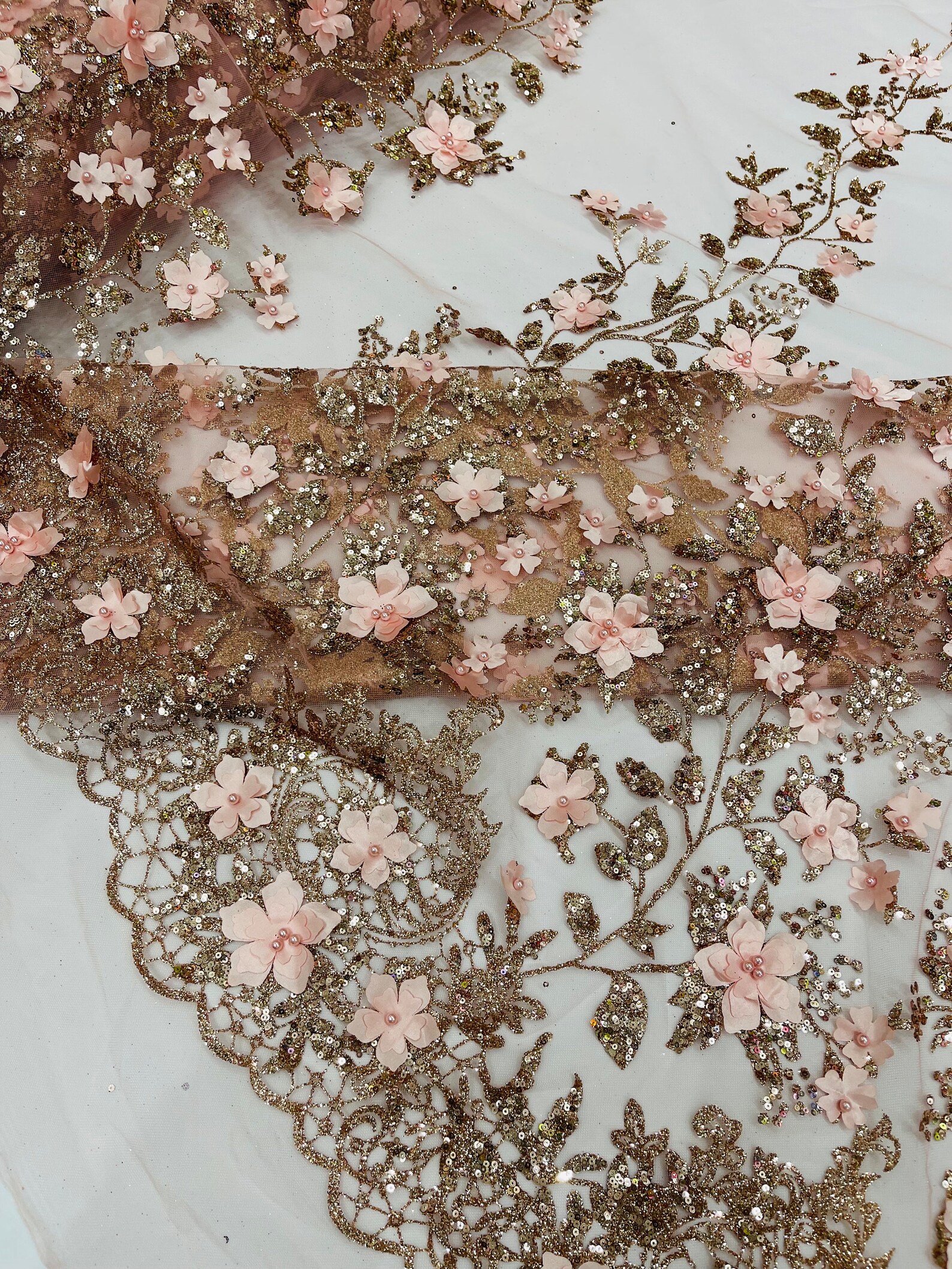 Rose Gold 3D Princess Satin Flower Glitter Sequin Lace Fabric 54" Wide ...