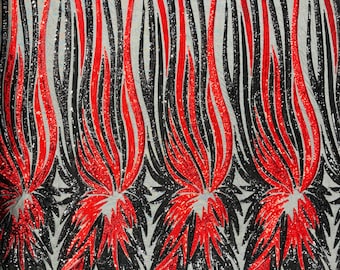 Red/Black sequin Wings design on a Black 4 way stretch mesh fabric- prom-nightgown-by the yard-free shipping in the USA.
