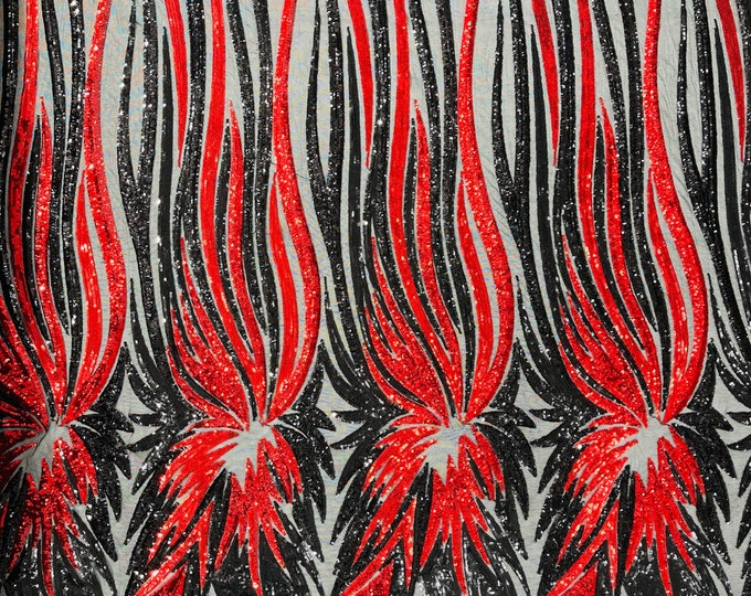 Red/Black sequin Wings design on a Black 4 way stretch mesh fabric- prom-nightgown-by the yard-free shipping in the USA.