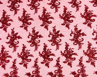 Burgundy Lex floral design corded and embroider with sequins on a mesh lace fabric-prom-sold by the yard.