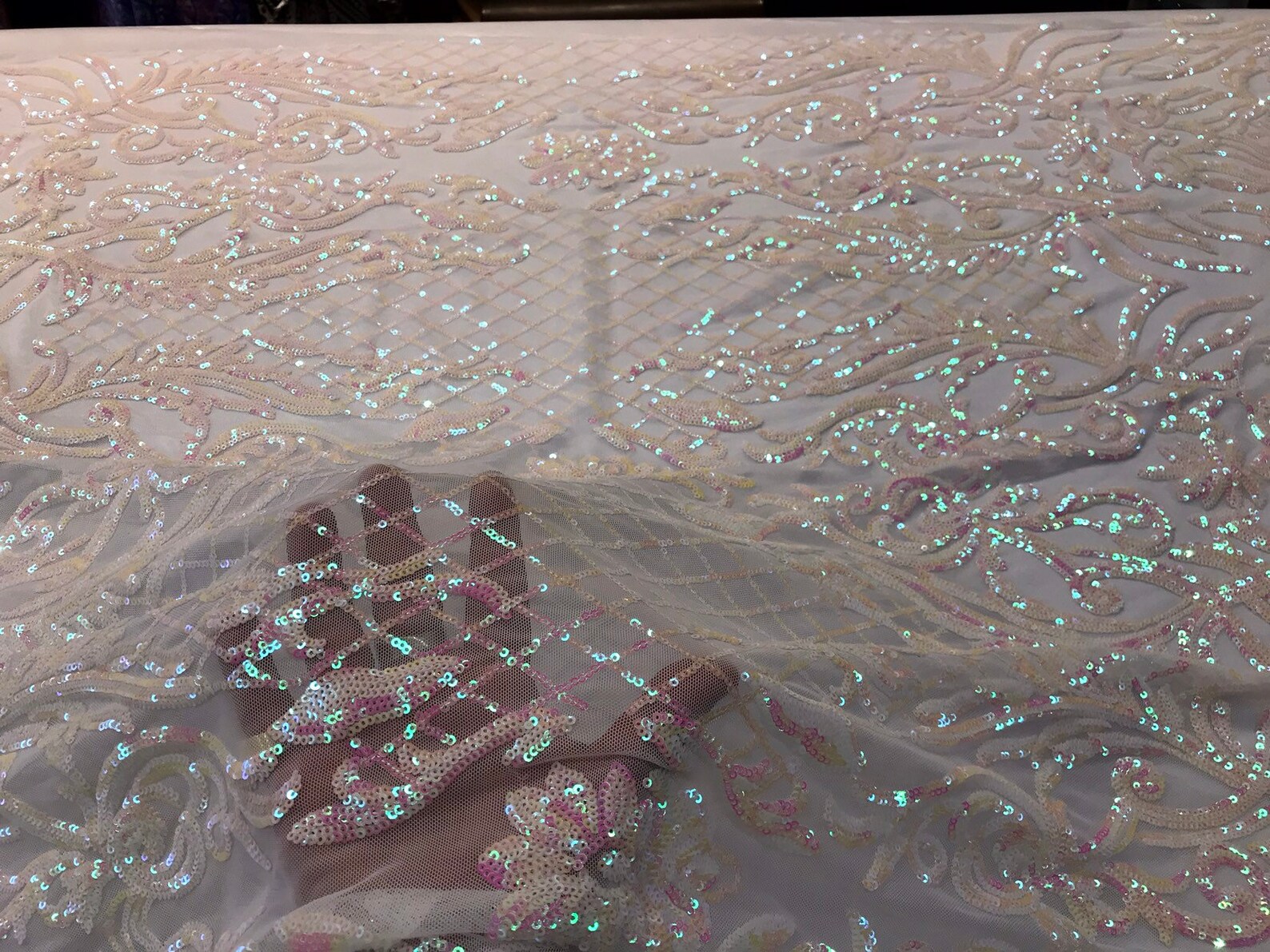 Iridescent White Sequins Damask Design Embroidery on a White 4 - Etsy