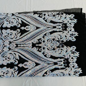 Empire Damask Design with Sequins Embroider On A 4 Way Stretch Mesh Fabric (1 Yard, Aqua Iridescent on Nude)