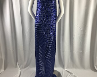 Geometric designer shiny sequins embroidery on a royal blue mesh fabric-54" wide-apparel-fashion-dresses-decorations-sold by yard.
