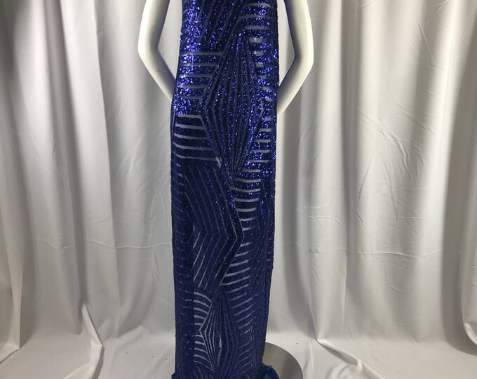 Geometric designer shiny sequins embroidery on a royal blue mesh fabric-54" wide-apparel-fashion-dresses-decorations-sold by yard.