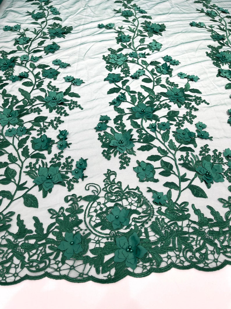 Hunter Green Emily 3d Floral Design Embroider With Pearls in a Mesh ...