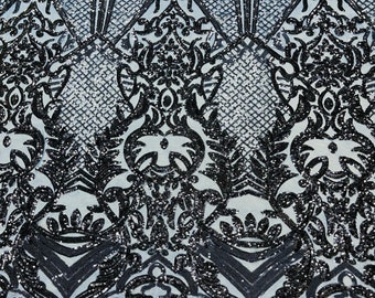 Navy Blue shiny sequin damask design on a 4 way stretch mesh-sold by the yard.