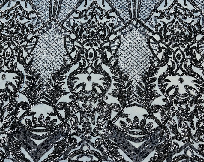 Navy Blue shiny sequin damask design on a 4 way stretch mesh-sold by the yard.