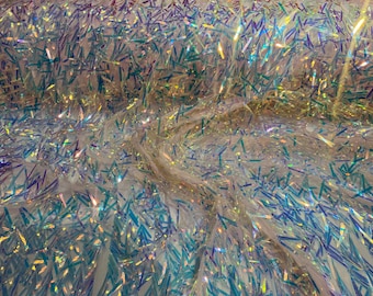 Clear iridescent sequin Swords Design on a pink mesh, Burning Man Costume Craft Fabric By The Yard.