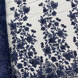 Navy Blue Princess 3D Floral Embroidered Mesh Lace With Pearls| 54 ...